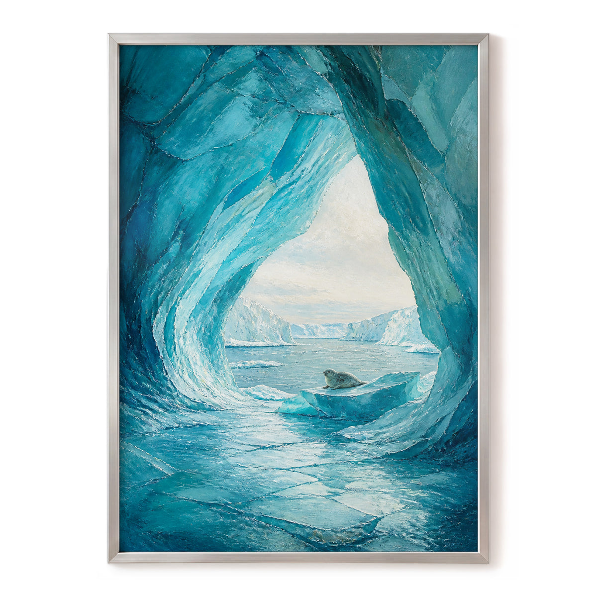 Icebound Sanctuary, blue, white, gray nature wall art, front artwork view