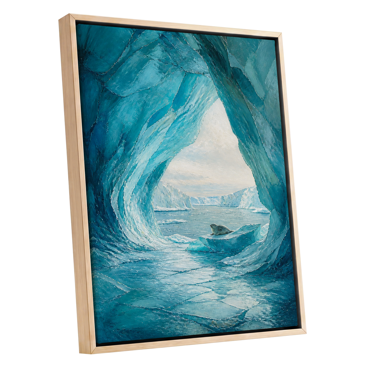 Icebound Sanctuary, blue, white, gray nature wall art shown as a oak framed canvas wall art