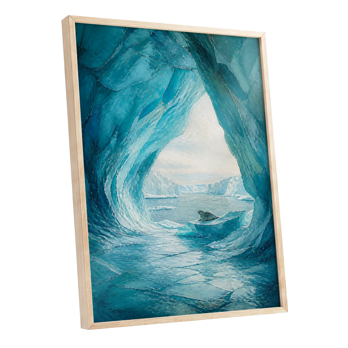 Icebound Sanctuary, blue, white, gray nature wall art shown as a oak framed poster wall art print