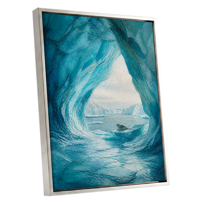 Icebound Sanctuary, blue, white, gray nature wall art shown as a silver framed canvas wall art