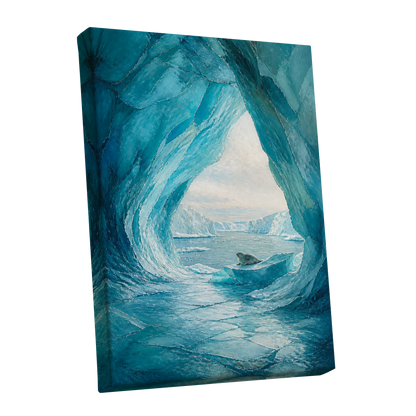 Icebound Sanctuary, blue, white, gray nature wall art shown as a stretched canvas wall art