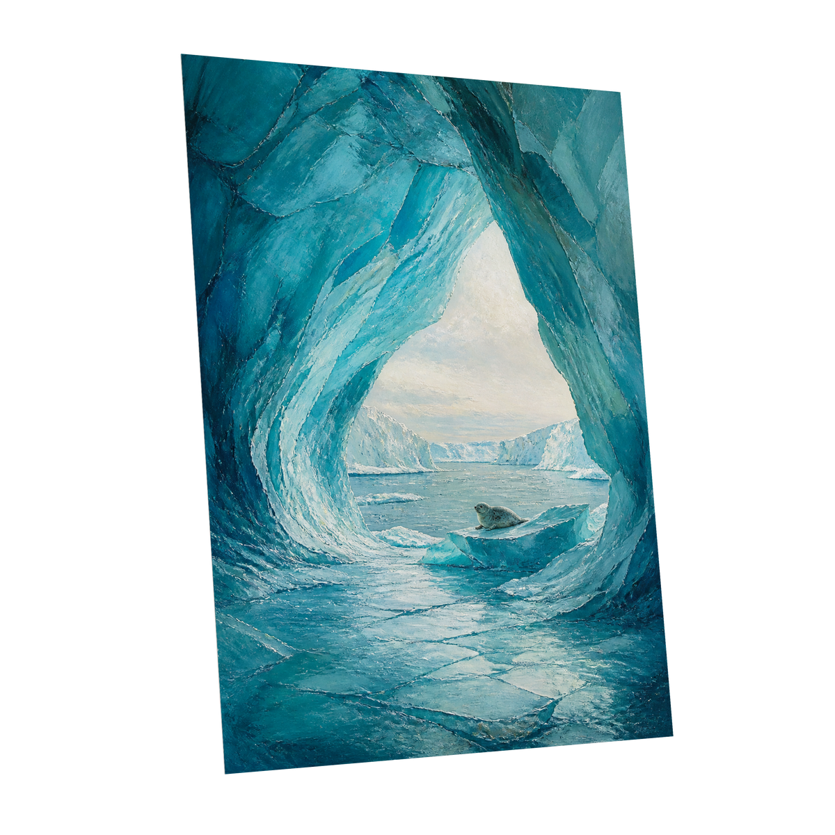 Icebound Sanctuary, blue, white, gray nature wall art shown as a unframed poster wall art print
