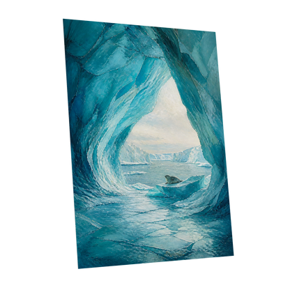 Icebound Sanctuary, blue, white, gray nature wall art shown as a unframed poster wall art print