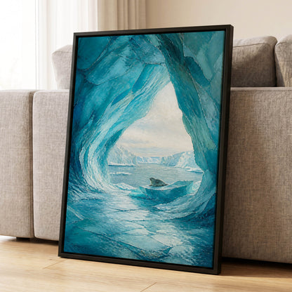 Icebound Sanctuary, blue, white, gray nature wall art displayed in a styled interior, gallery view 1