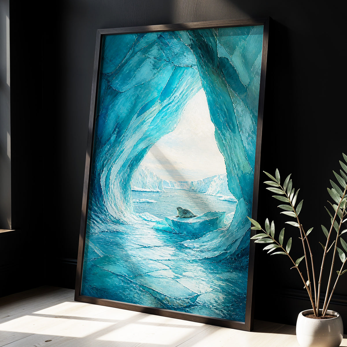 Icebound Sanctuary, blue, white, gray nature wall art displayed in a styled interior, gallery view 2