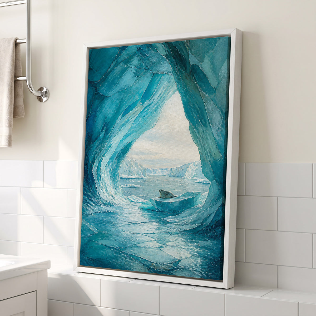 Icebound Sanctuary, blue, white, gray nature wall art displayed in a styled interior, gallery view 3