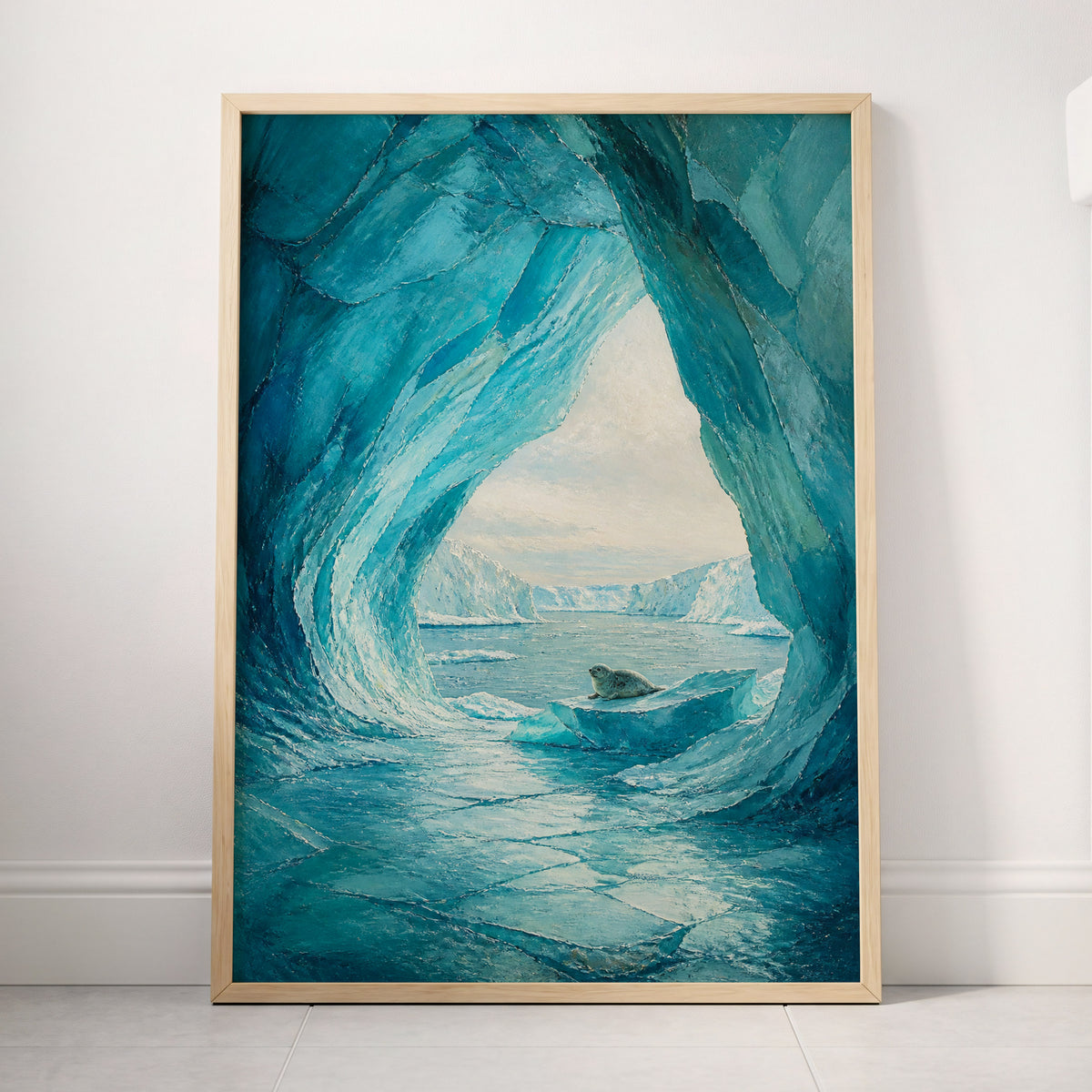 Icebound Sanctuary, blue, white, gray nature wall art displayed in a styled interior, gallery view 4
