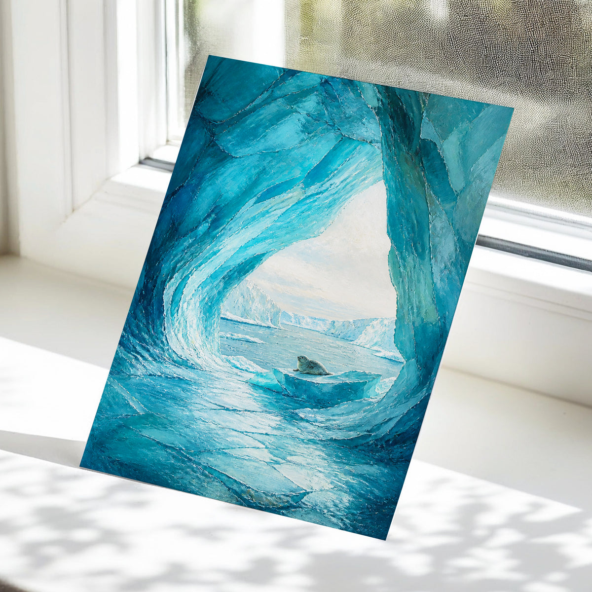 Icebound Sanctuary, blue, white, gray nature wall art displayed in a styled interior, gallery view 5