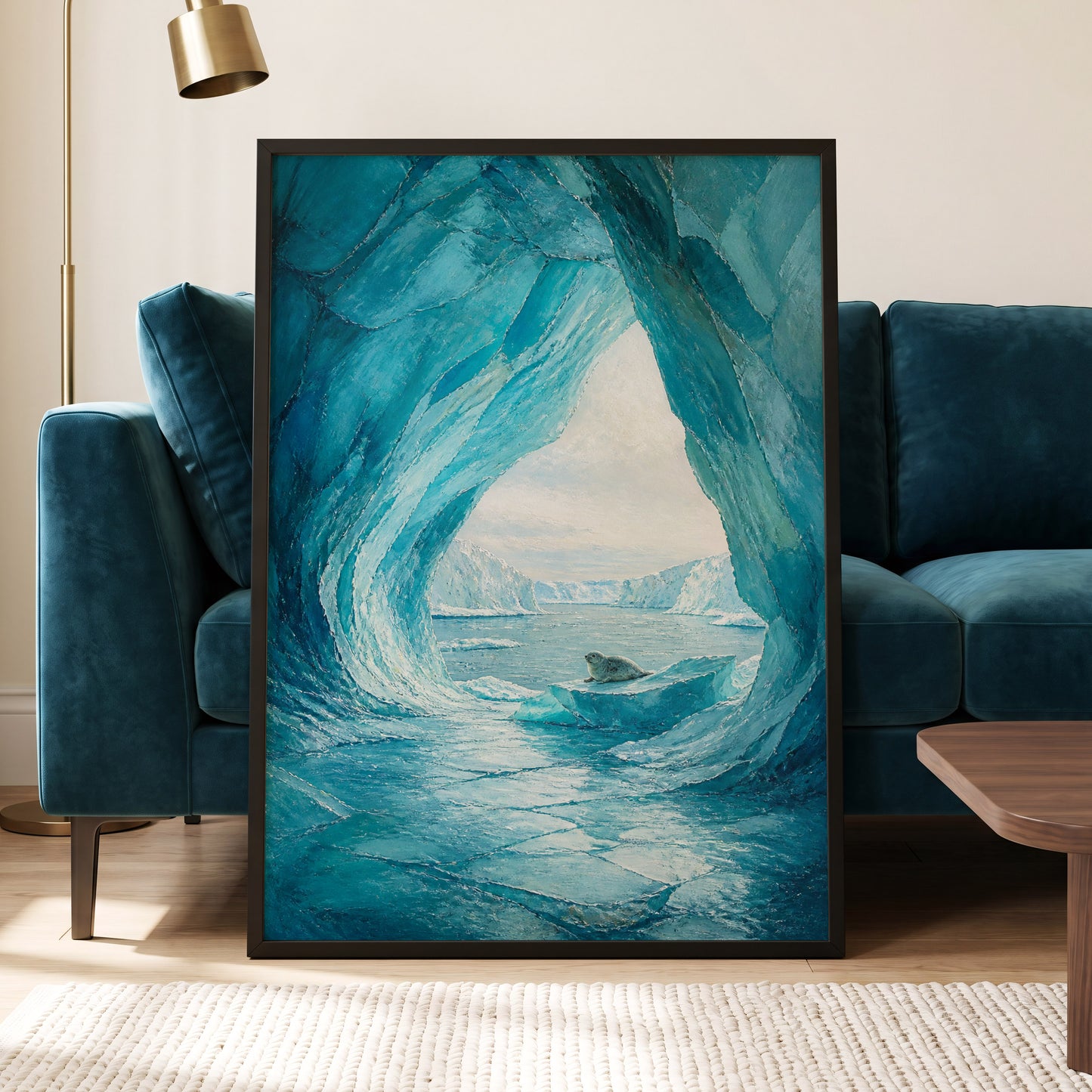 Icebound Sanctuary, blue, white, gray nature wall art displayed in a styled interior, gallery view 6