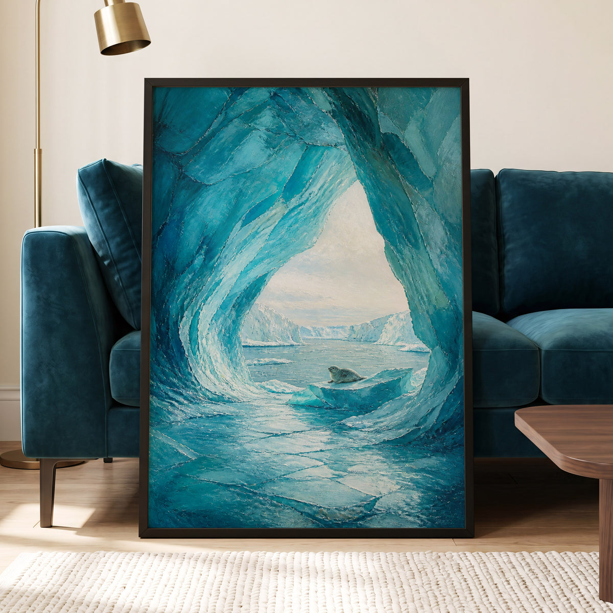 Icebound Sanctuary, blue, white, gray nature wall art displayed in a styled interior, gallery view 6