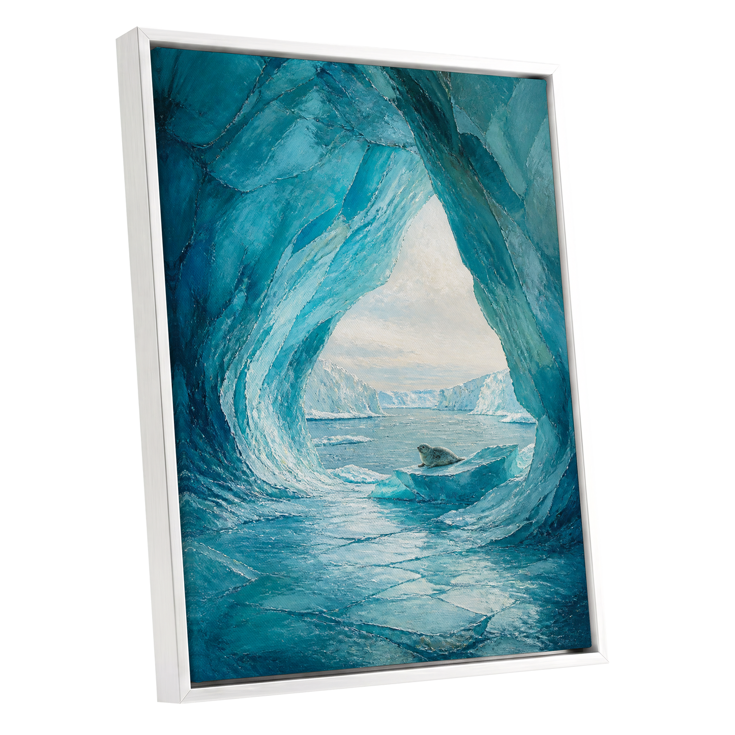 Icebound Sanctuary, blue, white, gray nature wall art shown as a white framed canvas wall art