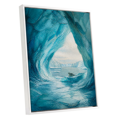 Icebound Sanctuary, blue, white, gray nature wall art shown as a white framed canvas wall art