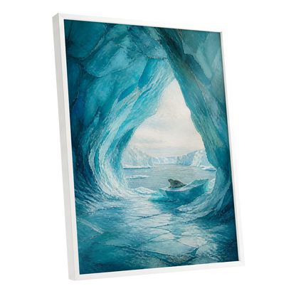 Icebound Sanctuary, blue, white, gray nature wall art shown as a white framed poster wall art print