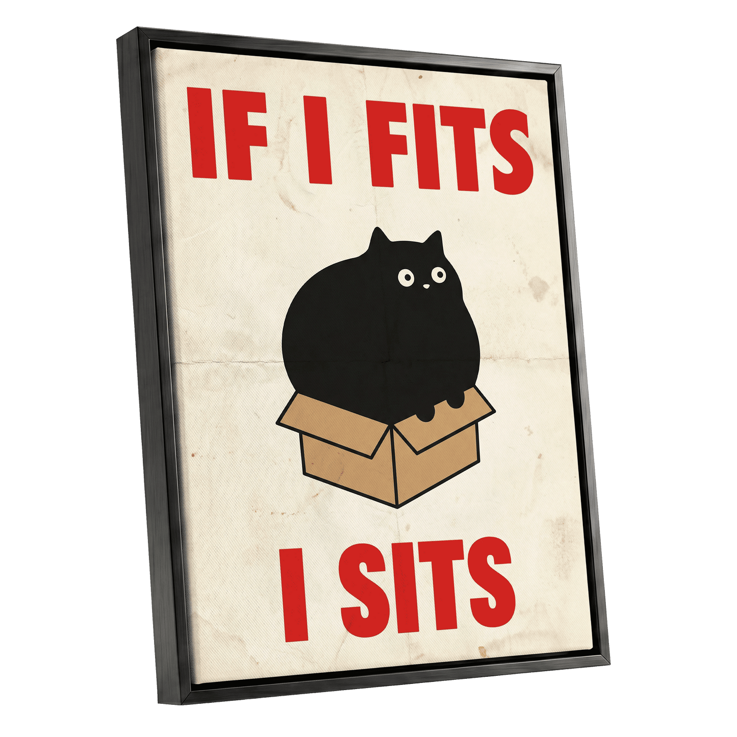 If I Fits, I Sits, black, beige, brown minimalist wall art shown as a black framed canvas wall art