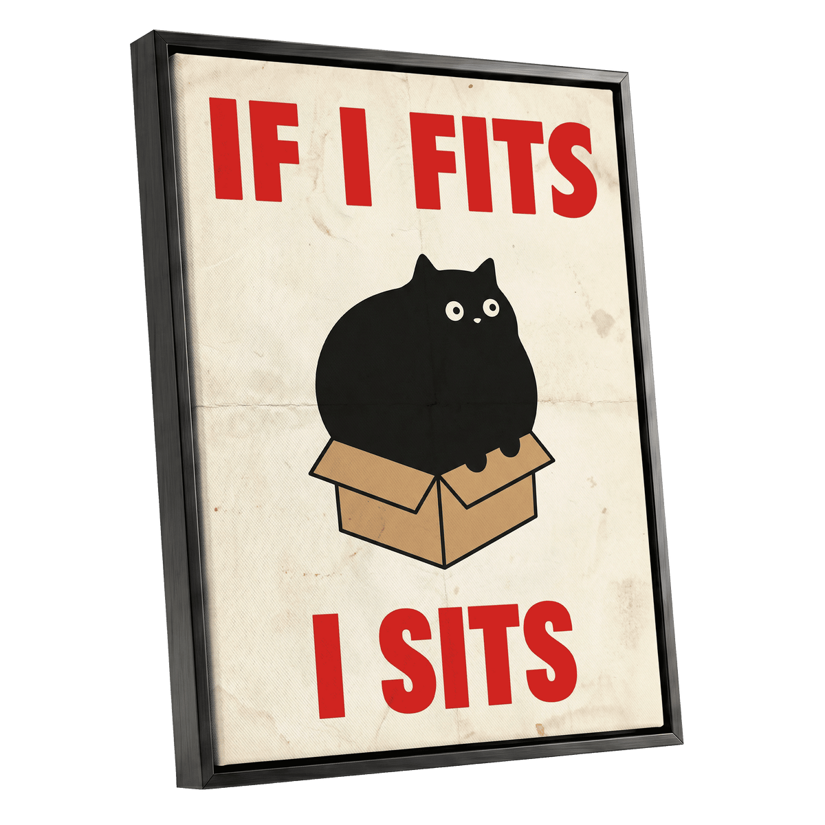 If I Fits, I Sits, black, beige, brown minimalist wall art shown as a black framed canvas wall art