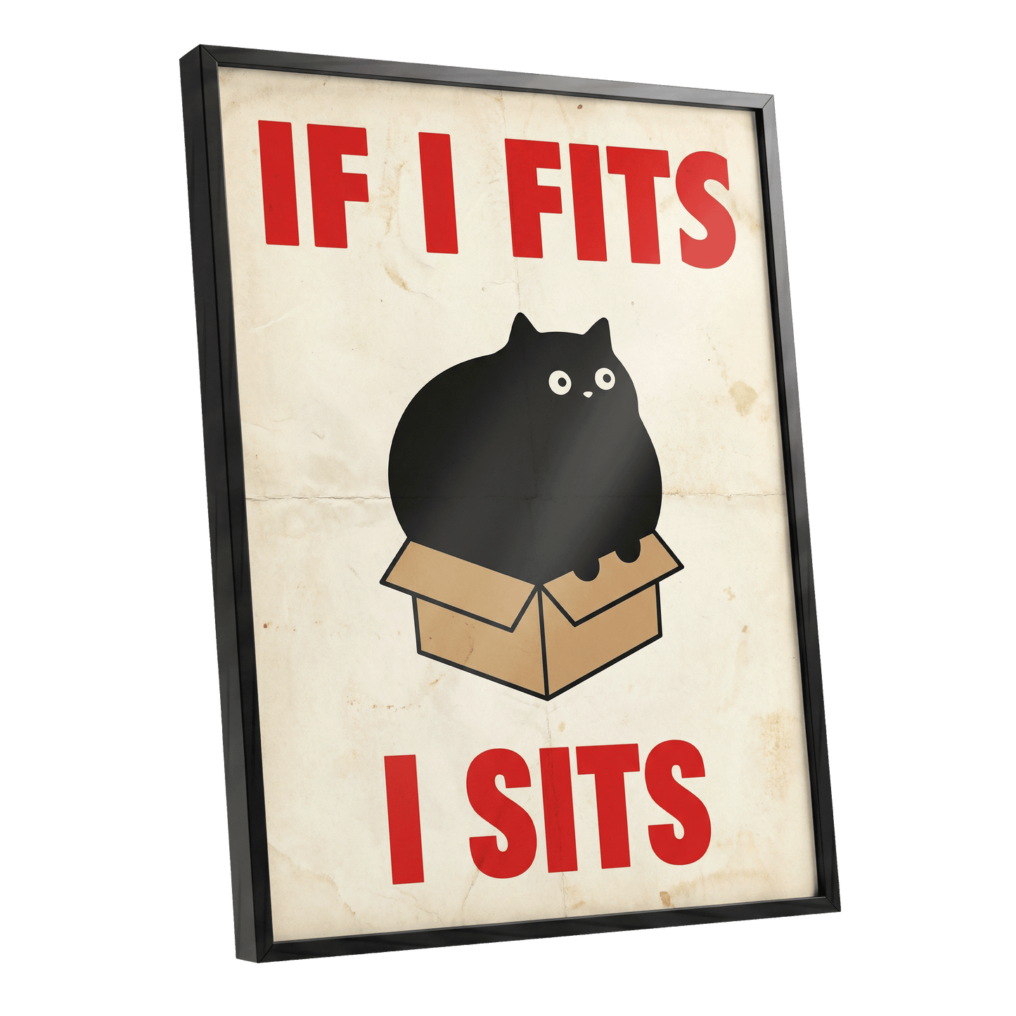 If I Fits, I Sits, black, beige, brown minimalist wall art shown as a black framed poster wall art print