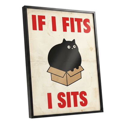 If I Fits, I Sits, black, beige, brown minimalist wall art shown as a black framed poster wall art print