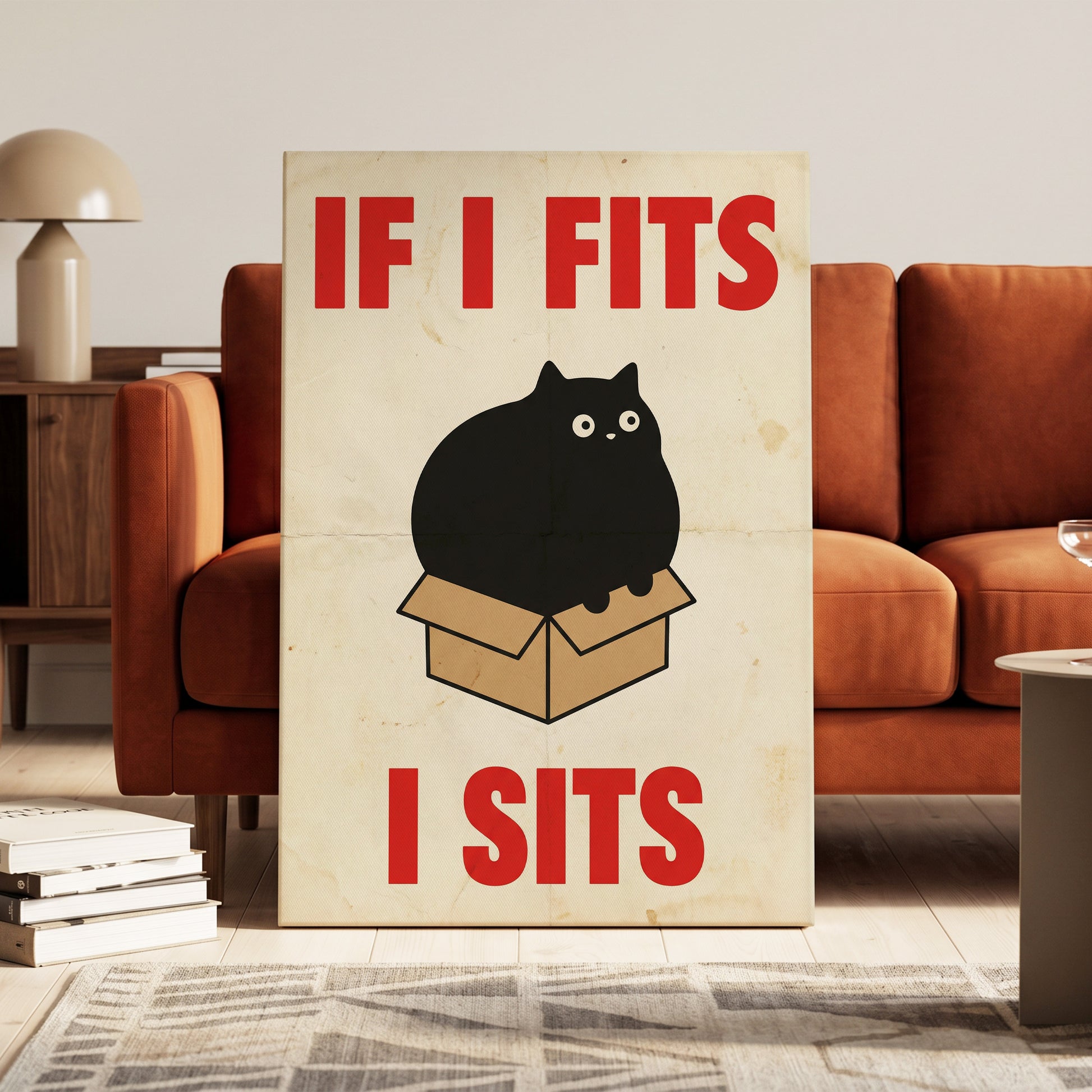 If I Fits, I Sits, black, beige, brown minimalist wall art on canvas displayed in a styled interior, gallery view 1
