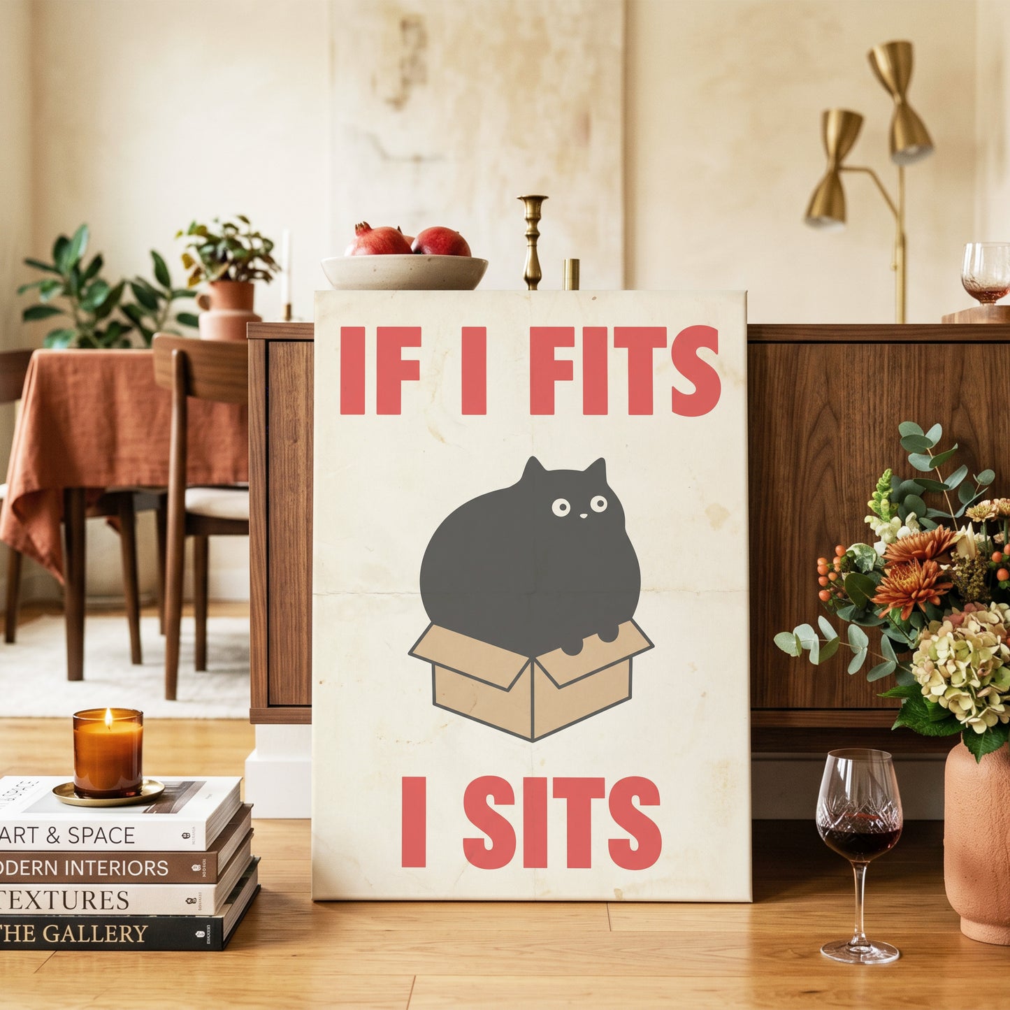 If I Fits, I Sits, black, beige, brown minimalist wall art on canvas displayed in a styled interior, gallery view 2