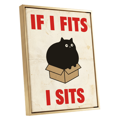 If I Fits, I Sits, black, beige, brown minimalist wall art shown as a gold framed canvas wall art