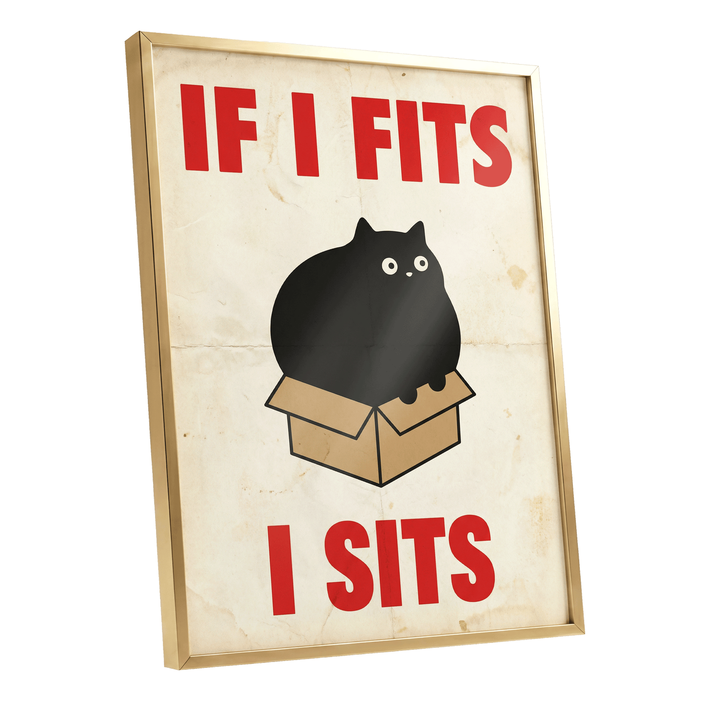 If I Fits, I Sits, black, beige, brown minimalist wall art shown as a gold framed poster wall art print