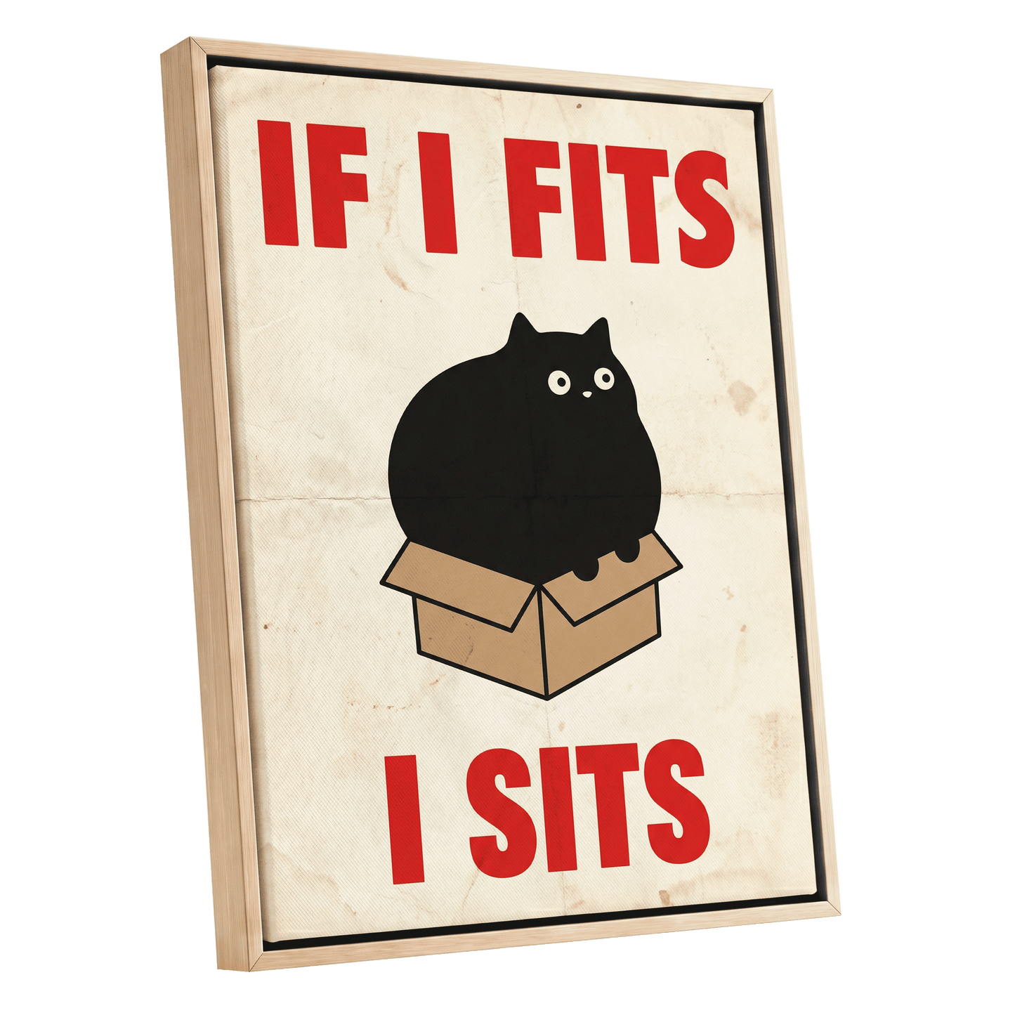 If I Fits, I Sits, black, beige, brown minimalist wall art shown as a oak framed canvas wall art
