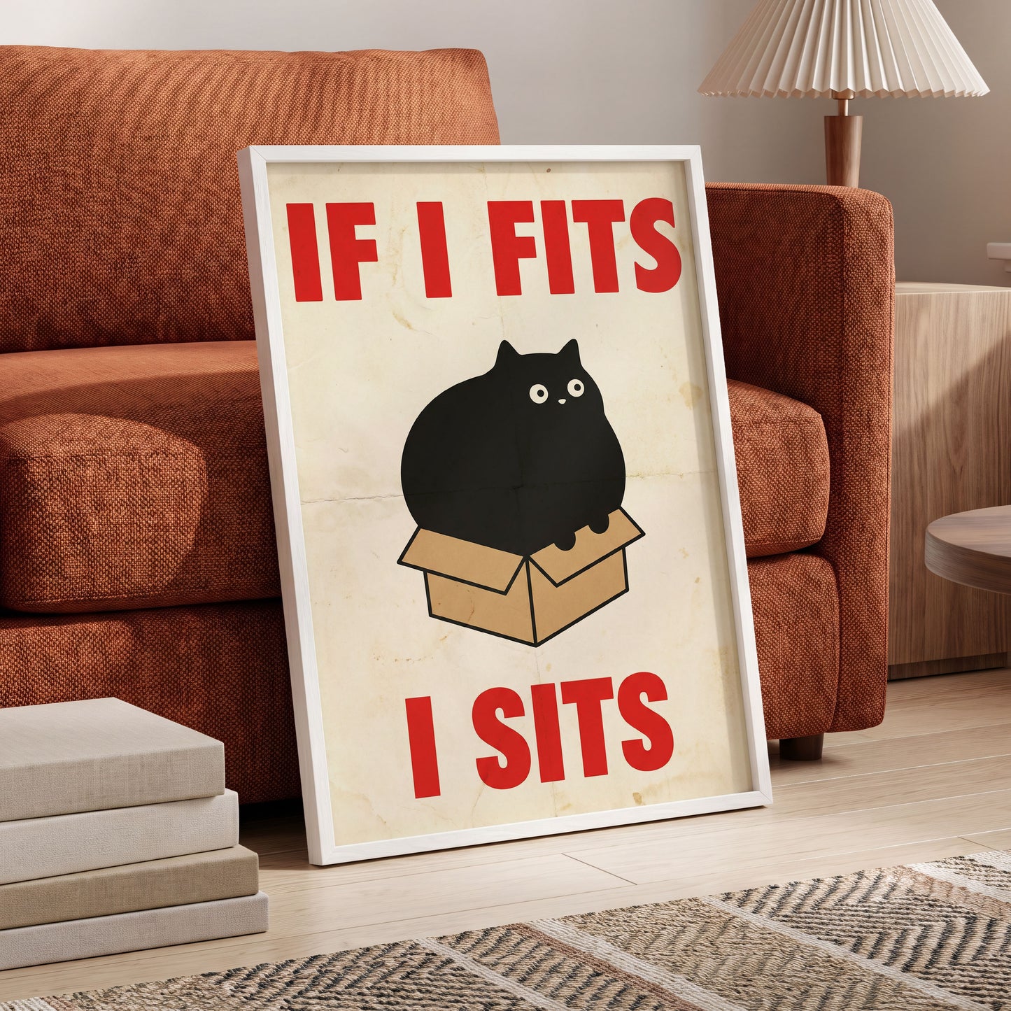 If I Fits, I Sits, black, beige, brown minimalist wall art displayed in a styled interior, gallery view 6