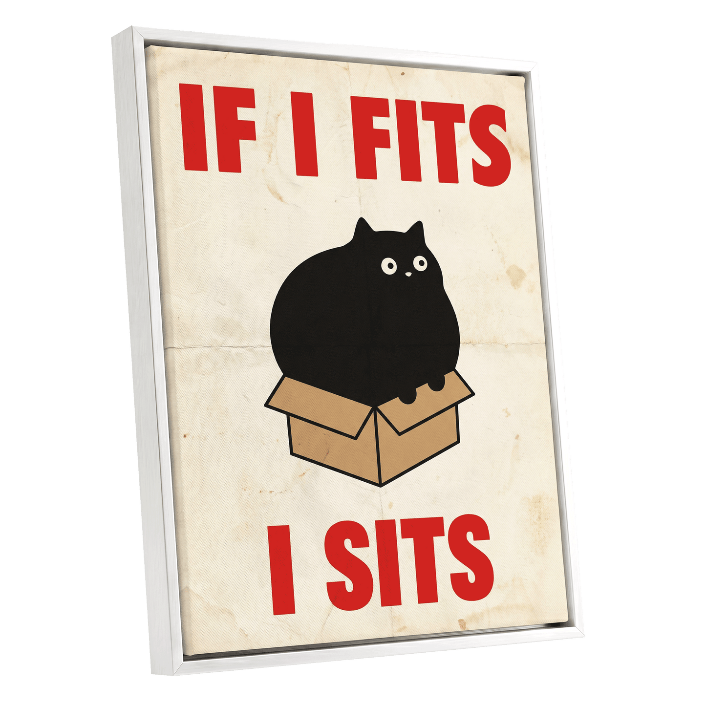 If I Fits, I Sits, black, beige, brown minimalist wall art shown as a white framed canvas wall art
