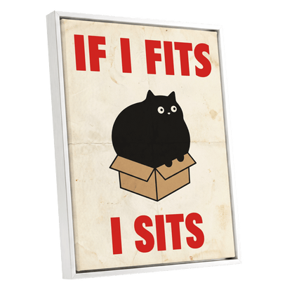 If I Fits, I Sits, black, beige, brown minimalist wall art shown as a white framed canvas wall art