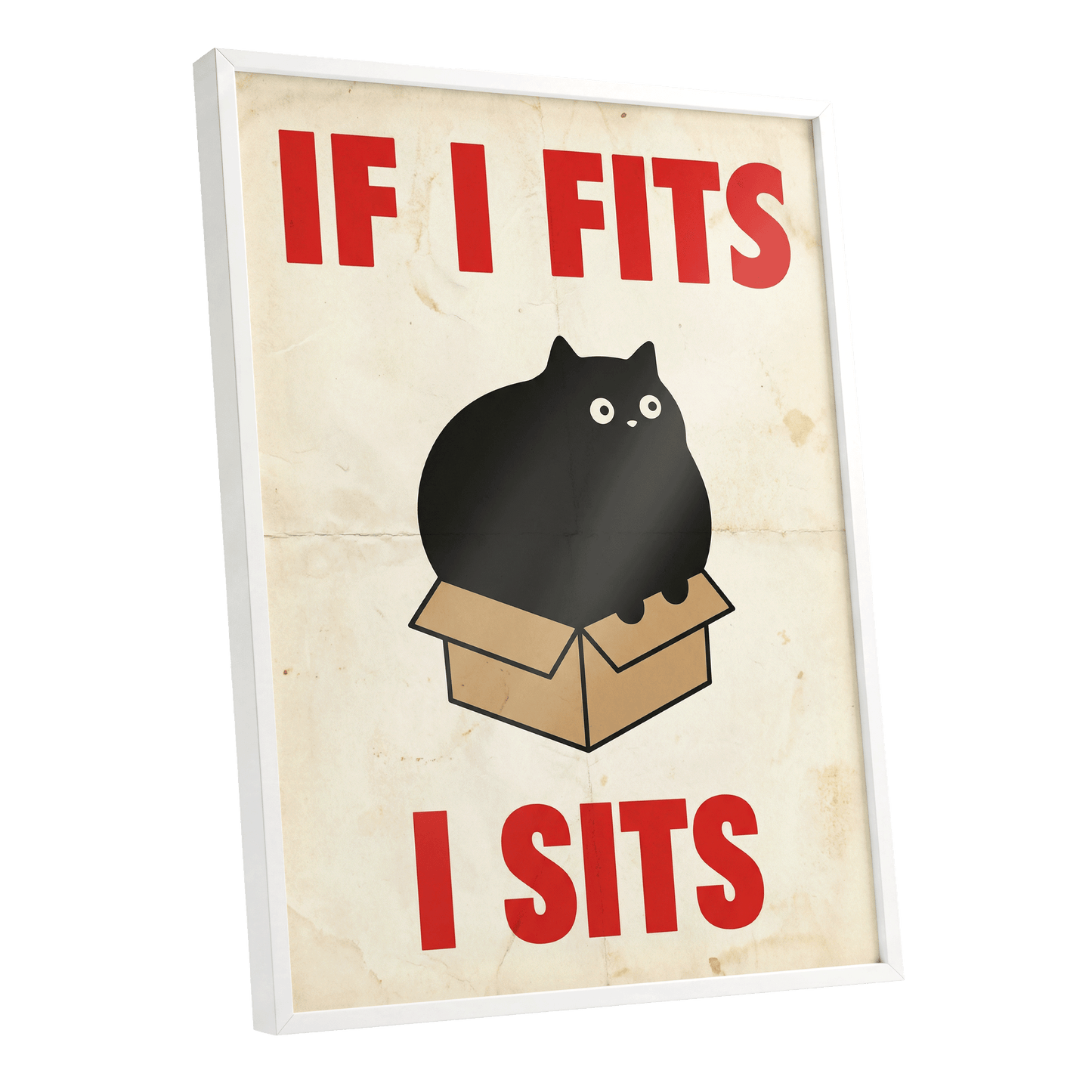 If I Fits, I Sits, black, beige, brown minimalist wall art shown as a white framed poster wall art print