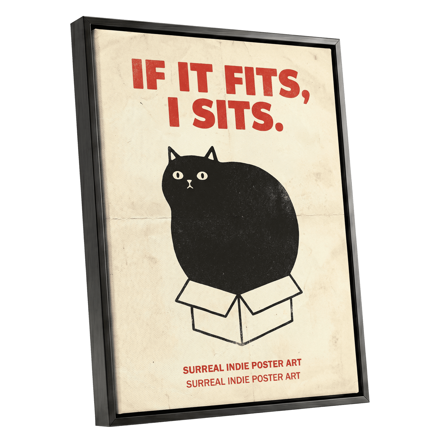 If It Fits Cat Poster, beige, black, red minimalist wall art shown as a black framed canvas wall art