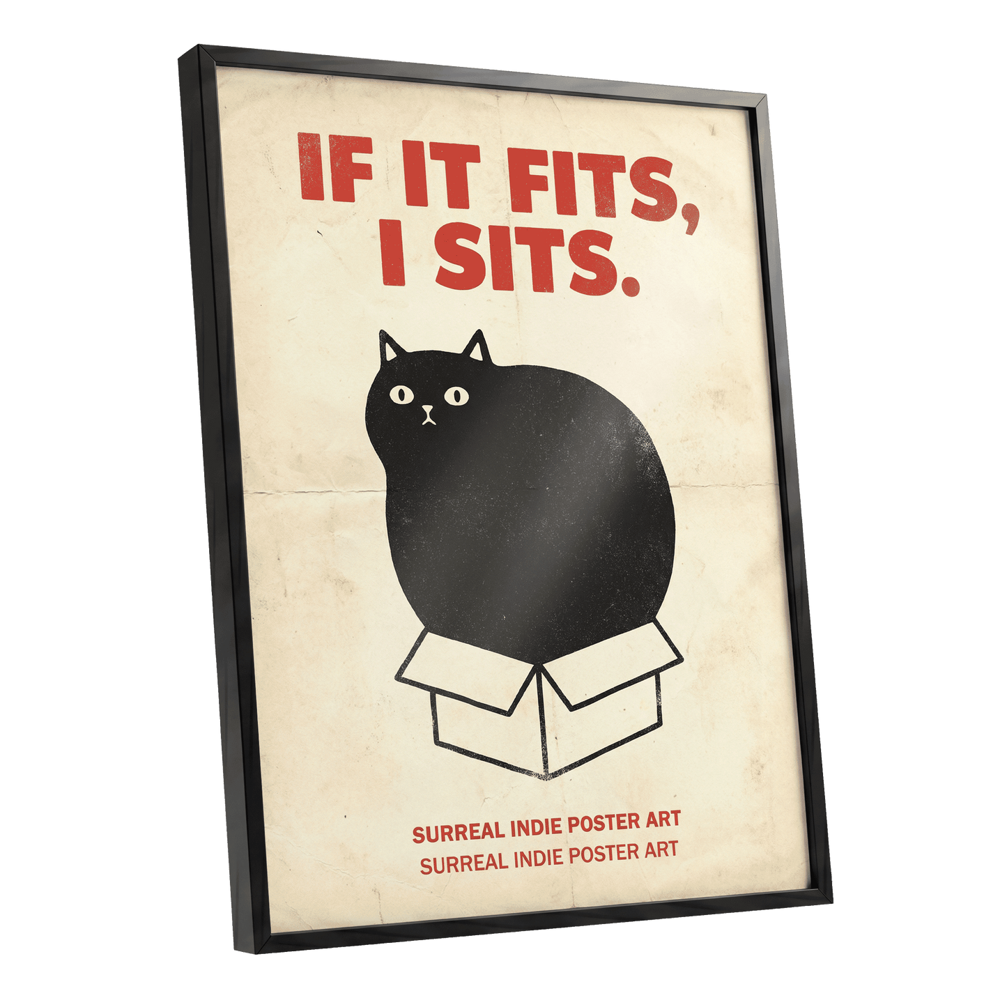 If It Fits Cat Poster, beige, black, red minimalist wall art shown as a black framed poster wall art print