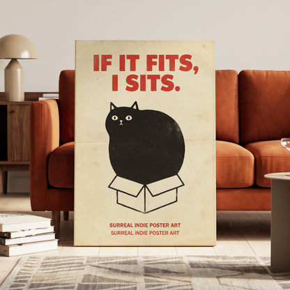 If It Fits Cat Poster, beige, black, red minimalist wall art on canvas displayed in a styled interior, gallery view 1