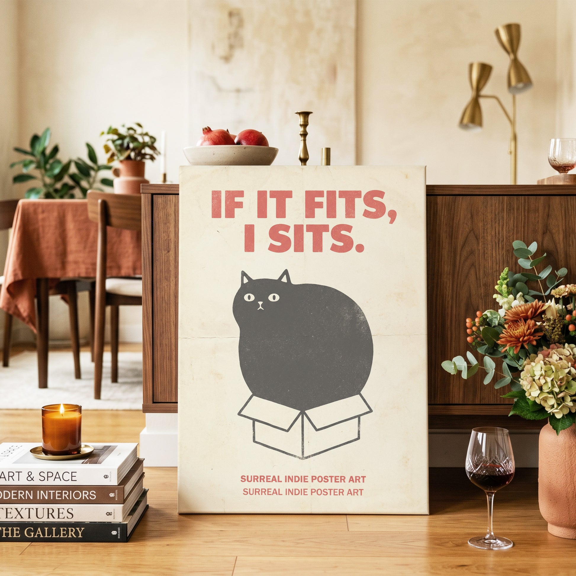 If It Fits Cat Poster, beige, black, red minimalist wall art on canvas displayed in a styled interior, gallery view 2