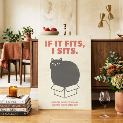 If It Fits Cat Poster, beige, black, red minimalist wall art on canvas displayed in a styled interior, gallery view 2