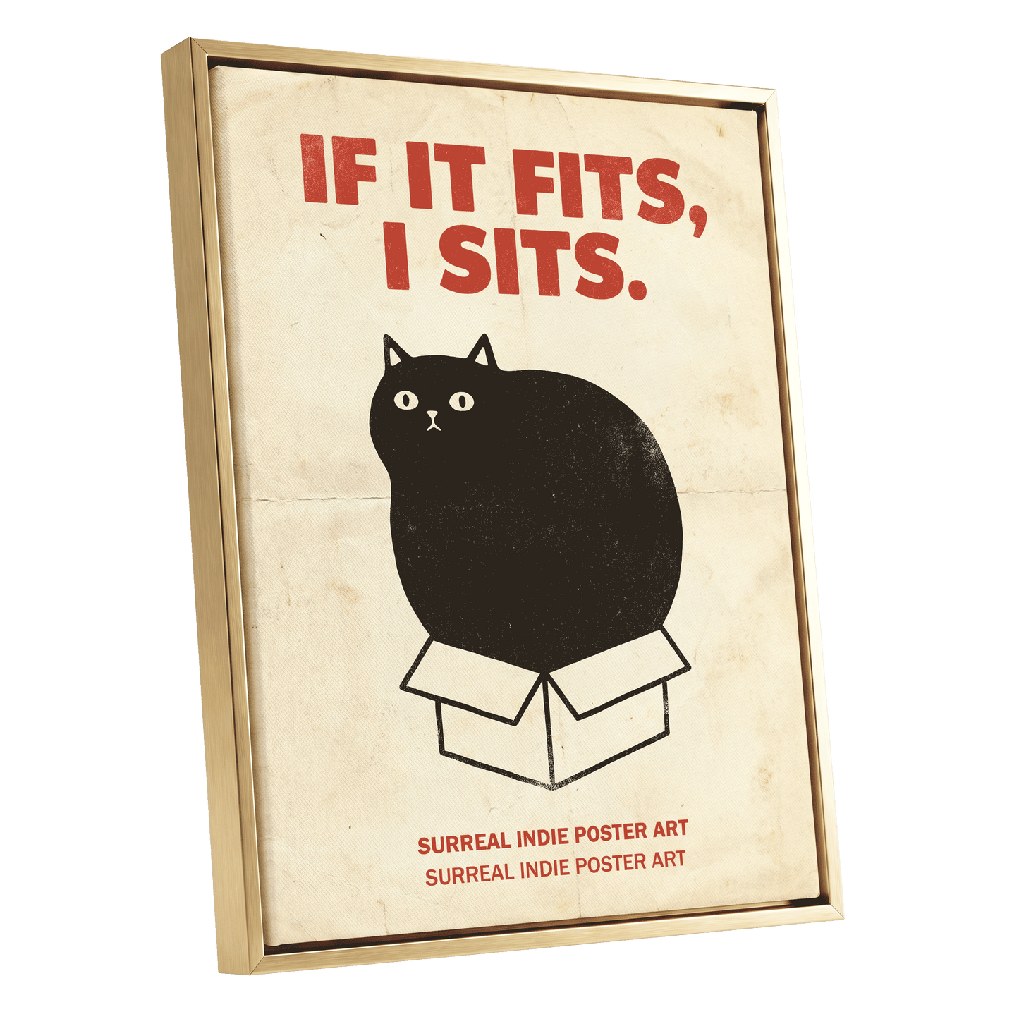 If It Fits Cat Poster, beige, black, red minimalist wall art shown as a gold framed canvas wall art