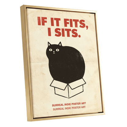 If It Fits Cat Poster, beige, black, red minimalist wall art shown as a gold framed canvas wall art