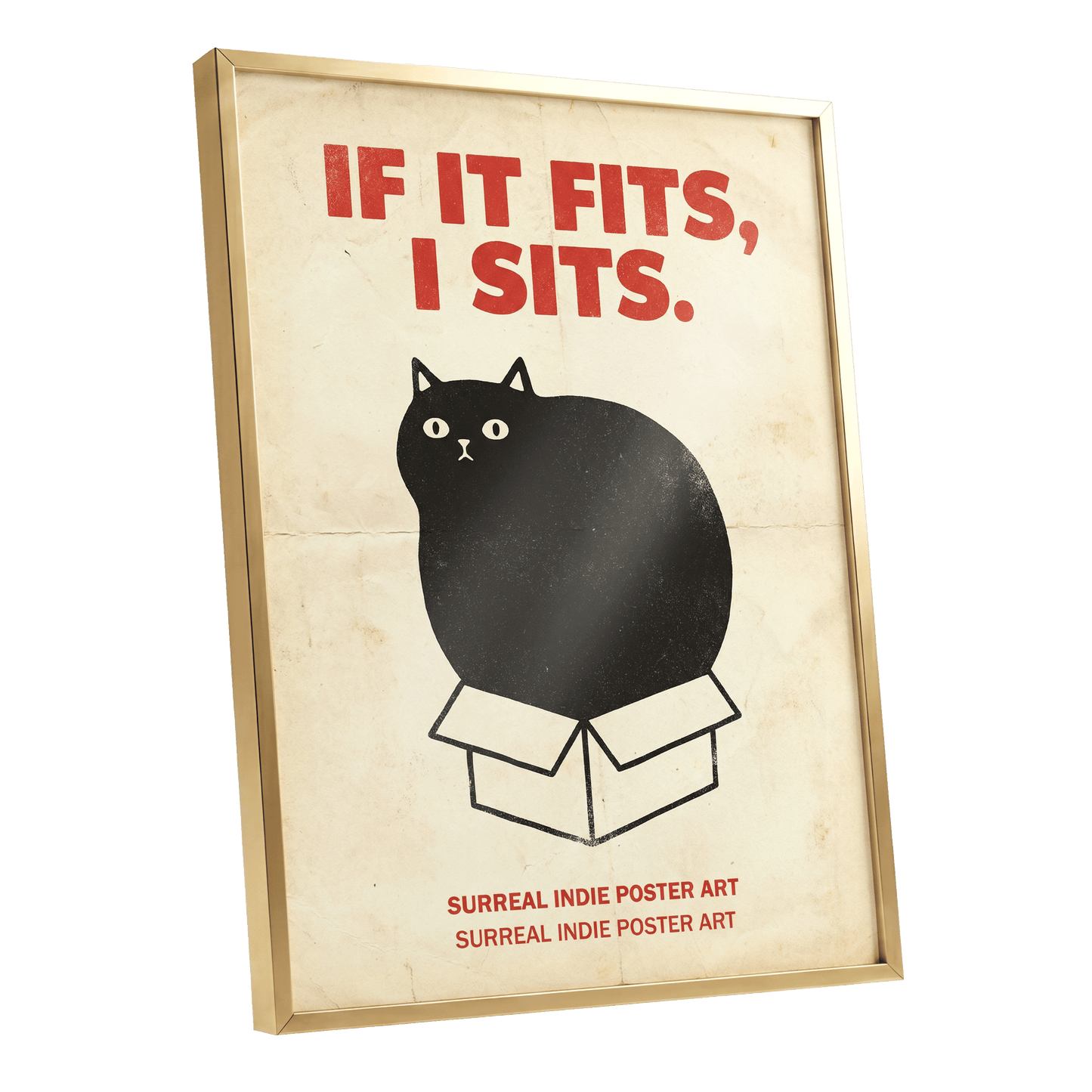 If It Fits Cat Poster, beige, black, red minimalist wall art shown as a gold framed poster wall art print