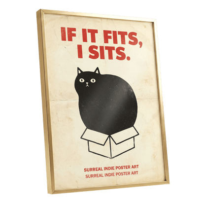 If It Fits Cat Poster, beige, black, red minimalist wall art shown as a gold framed poster wall art print