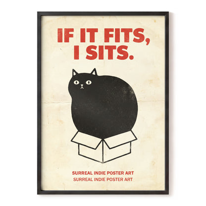 If It Fits Cat Poster, beige, black, red minimalist wall art, front artwork view