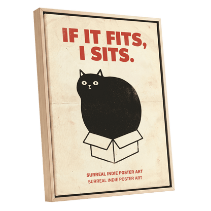 If It Fits Cat Poster, beige, black, red minimalist wall art shown as a oak framed canvas wall art