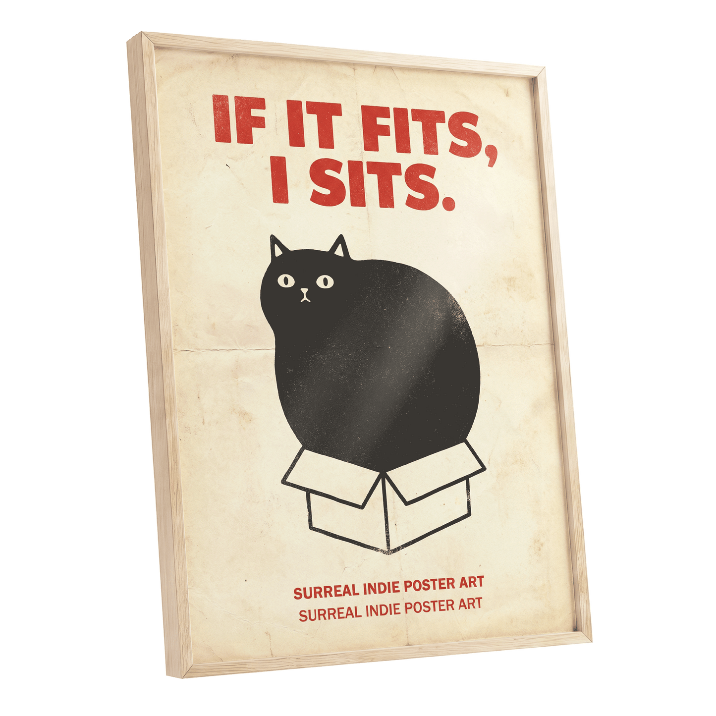 If It Fits Cat Poster, beige, black, red minimalist wall art shown as a oak framed poster wall art print