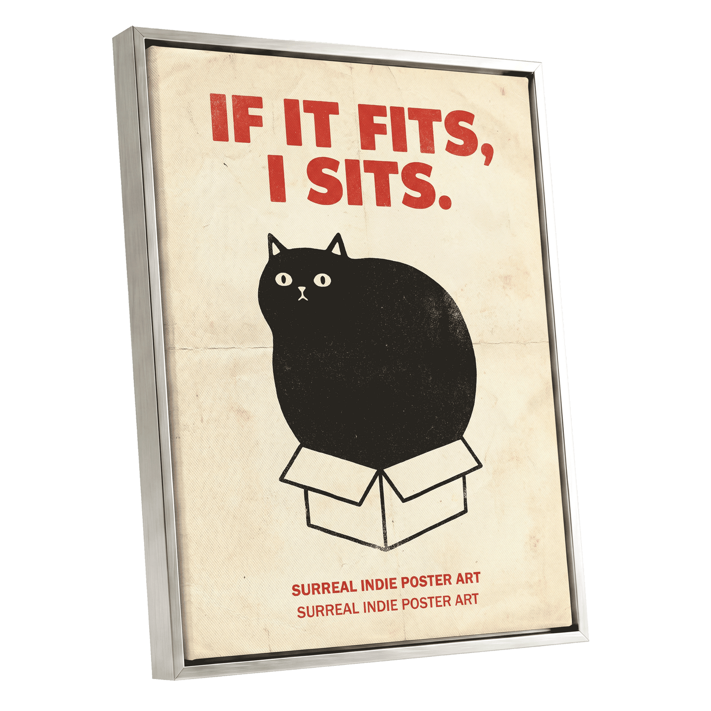 If It Fits Cat Poster, beige, black, red minimalist wall art shown as a silver framed canvas wall art