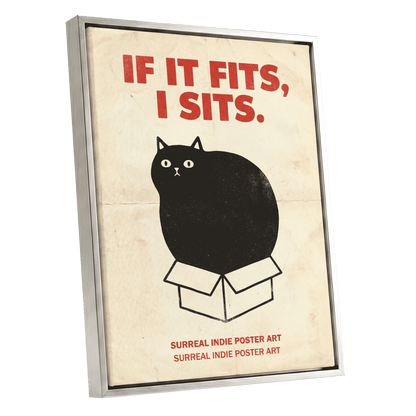 If It Fits Cat Poster, beige, black, red minimalist wall art shown as a silver framed canvas wall art