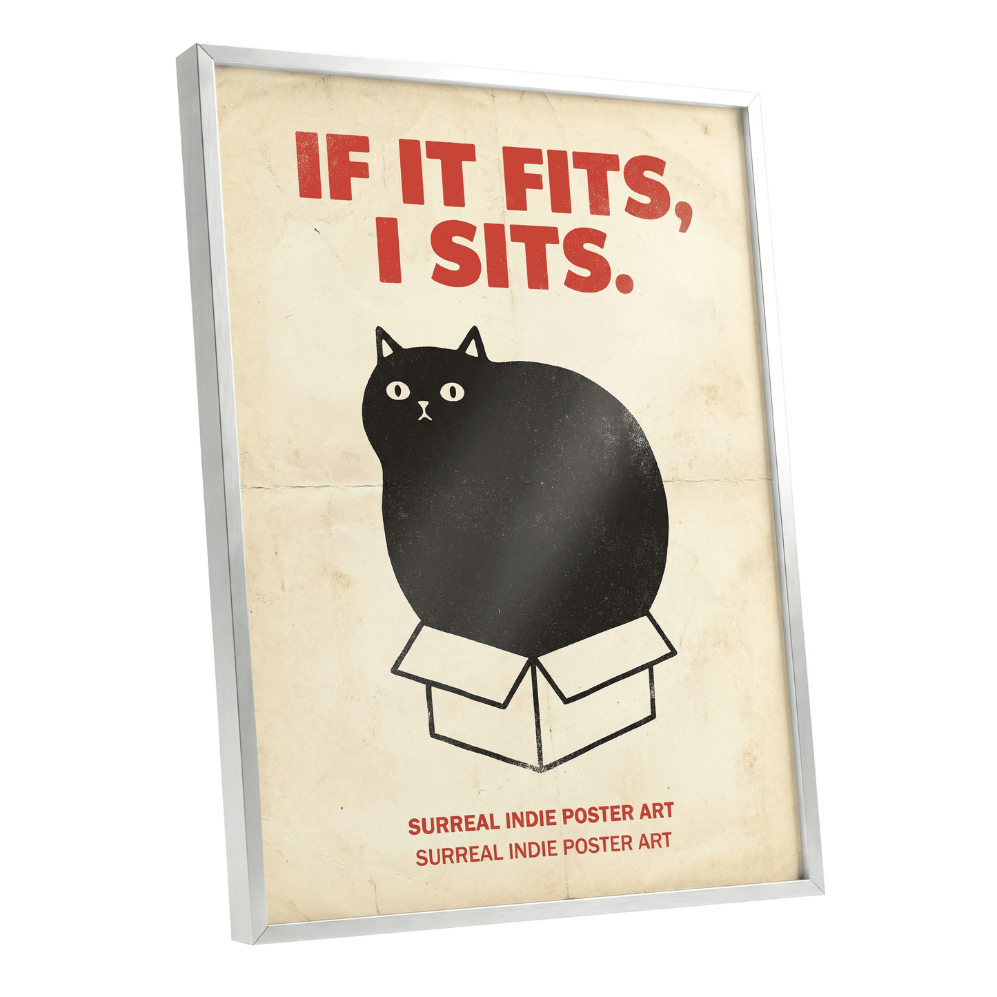 If It Fits Cat Poster, beige, black, red minimalist wall art shown as a silver framed poster wall art print