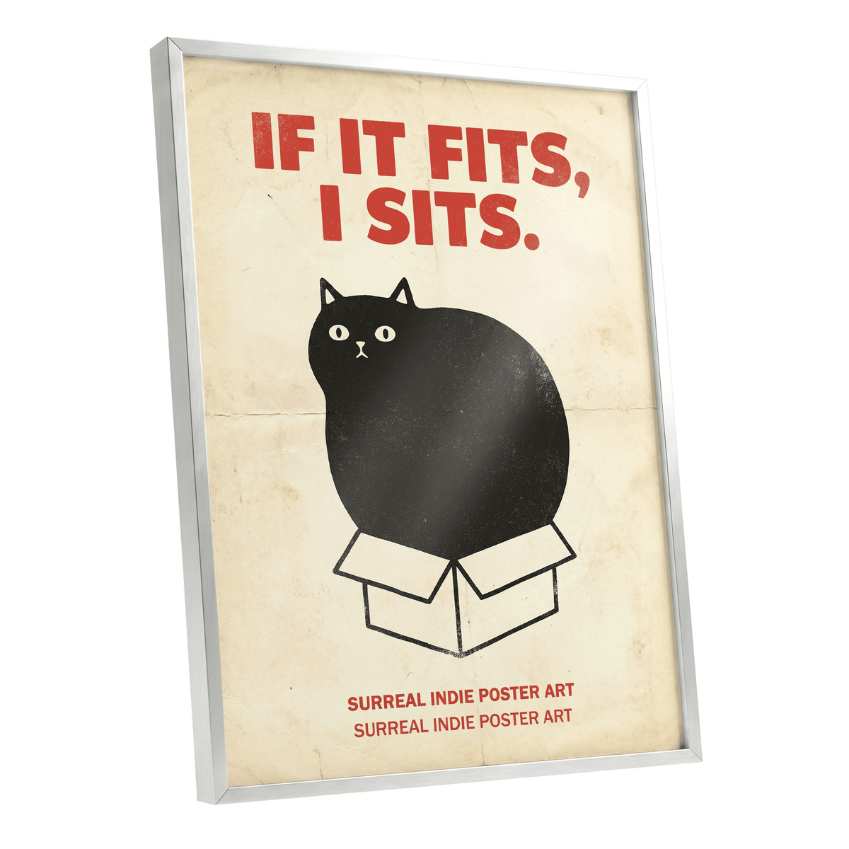 If It Fits Cat Poster, beige, black, red minimalist wall art shown as a silver framed poster wall art print