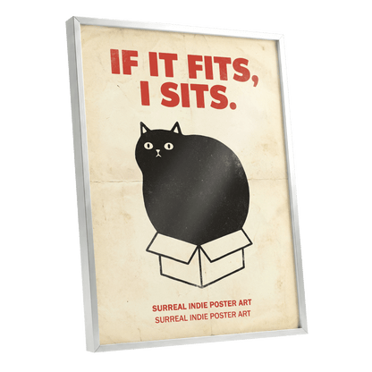 If It Fits Cat Poster, beige, black, red minimalist wall art shown as a silver framed poster wall art print