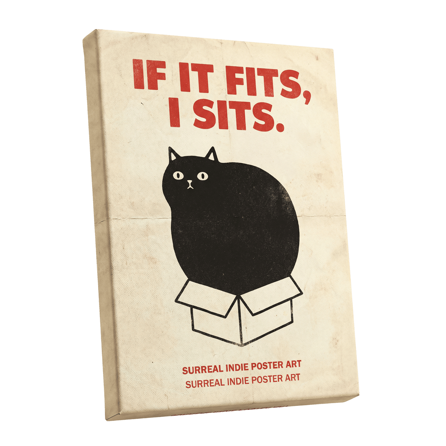 If It Fits Cat Poster, beige, black, red minimalist wall art shown as a stretched canvas wall art