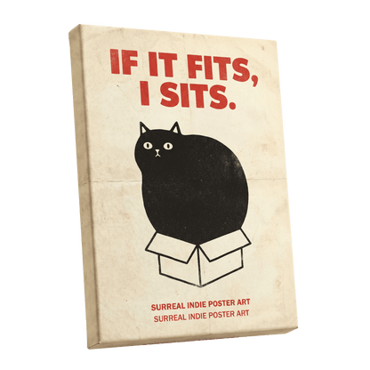 If It Fits Cat Poster, beige, black, red minimalist wall art shown as a stretched canvas wall art
