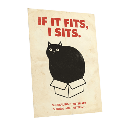 If It Fits Cat Poster, beige, black, red minimalist wall art shown as a unframed poster wall art print